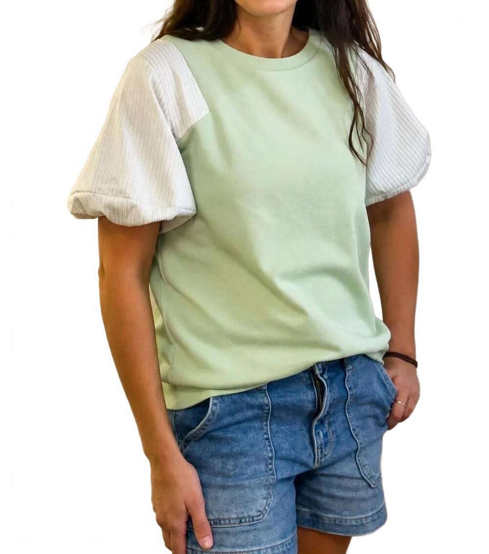 NEW DOE AND RAE puff sleeve mixed top in green